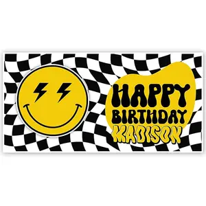 Smiley Face Checkered Personalized Birthday Banner