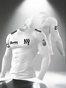 Men's NY Brooklyn Fitted Long Sleeve T-Shirt, White Athletic Graphic Sporty Design Tee with Number 23 & Badge Detailing, New York City Streetwear for Sports & Urban Fashion