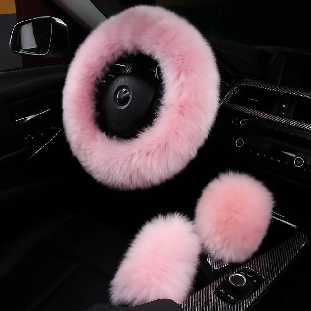 3Pcs Set Fashion Fluffy Fuzzy Wool Fur Soft Car Steering Wheel Cover For Handbrake Cover,Gear Shift Cover Auto Long Wool Accessories, Pink