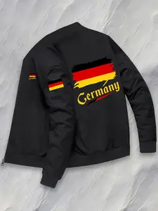 Men's Casual Pilot Jacket German Flag Print Zipper Baseball Collar Coat, Polyester Fabric, Fitted Style, Winter Wear