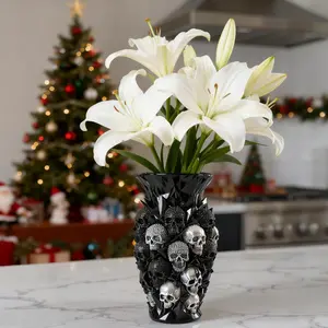 Gothic Skull Decorative Vase 6 Inch, Flower Arrangement Vase, New Resin Decoration Statue, Ideal for Home Garden, Farmhouse Style, Living Room, Kitchen, Bedroom, Office