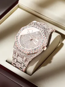 Men's High-End Quartz Watch, Luxurious Full Moissanite Diamond Dial Waterproof Wristwatch, Trendy Fashion Business Casual Versatile Fashion Timepiece. Perfect for business or daily wear. An ideal choice for Valentine's Day gifts, anniversary gifts