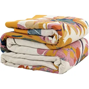 Boho Throw Blanket for Bed 60"x80", 100% Cotton Woven Blanket for Couch Sofa, Soft 4-Layer Muslin with Floral Printed, Farmhouse Bed Blanket/Cover for Living Room Decor