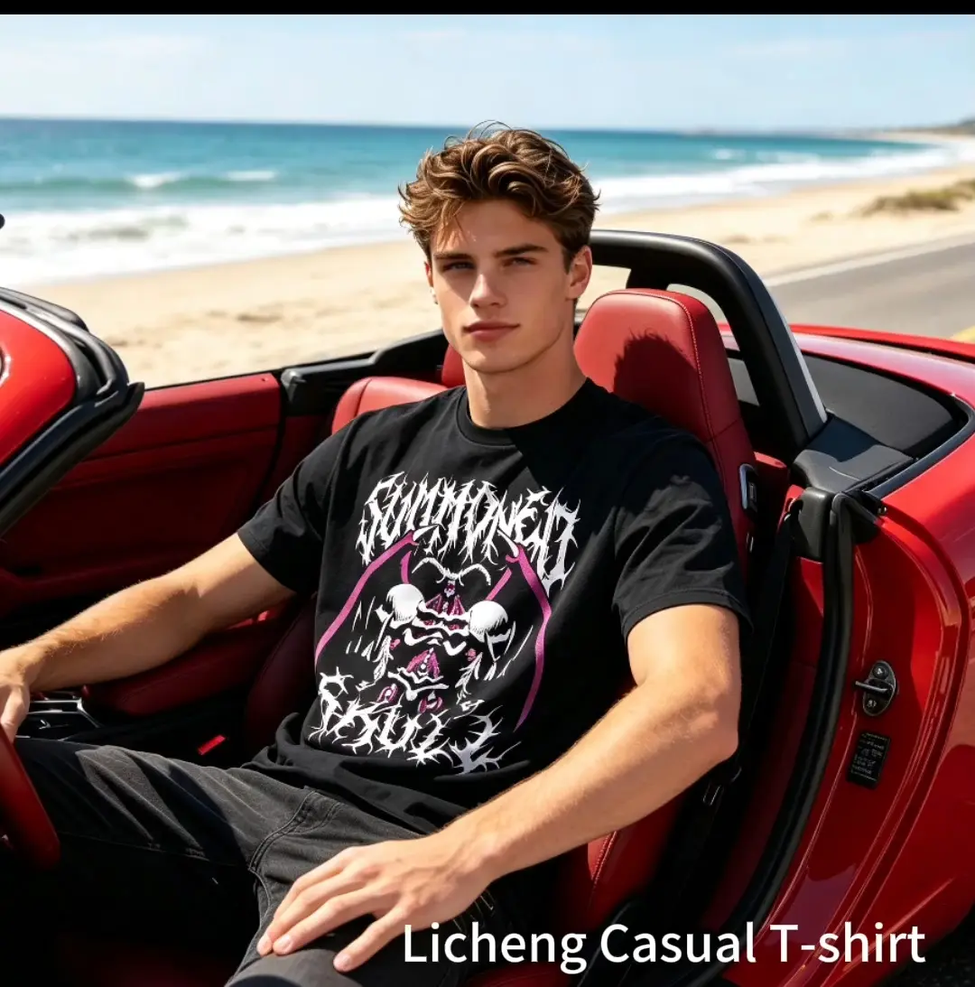 Men's Skeleton Print T-Shirt – 100% pure cotton fabric, short sleeve with round neck, casual fit, soft and lightweight, moisture-wicking and breathable. Ideal for everyday anime-style wear, machine washable men's streetwear top, Natural, Menswear