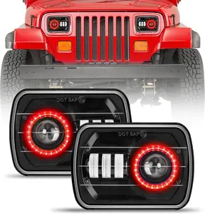 2Pcs 5x7 7x6 Inch LED Headlights with Red Halo DRL Amber Turn High/Low Beam, Compatible with Wrangler YJ Cherokee XJ Kenworth T300 Trucks Replacement H6054 H5054 6052 6053