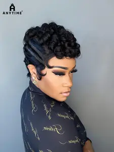 Anytime Wigs Factory Wholesale 13*4 Lace Frontal Pixie Curly Wig For Female On Daily Life, Black Woman Wigs