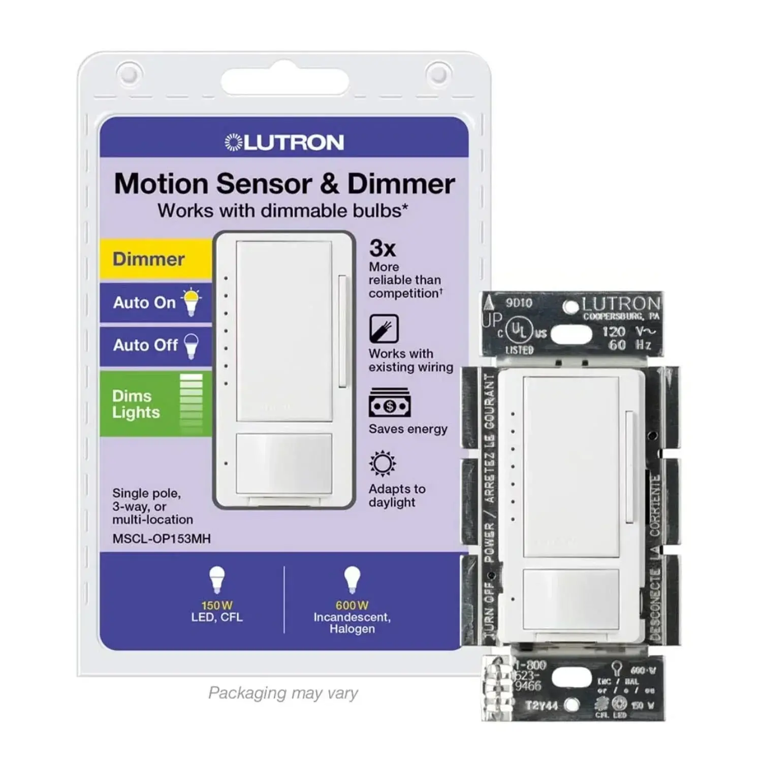 Lutron MSCL-OP153M Maestro Occupancy/Vacancy Sensor Switch, 150W LED, Single-Pole/Multi-Location, White
