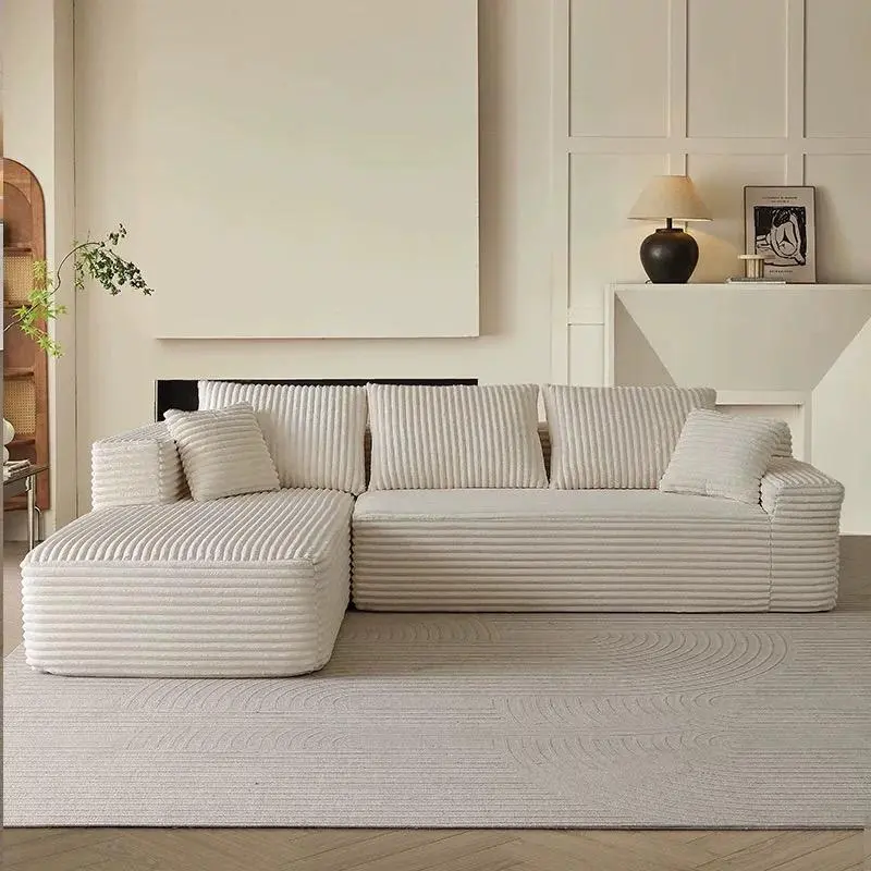 2-Package Shipping Modern Minimalist L-Shaped Sectional Deep Seat Sofa Couch, White Corduroy Upholstered Memory Foam Cushion Sofa Sectional Couch, 105x66x16", No Assembly Required for Living Room Lounge, Fabric Sofa Couch