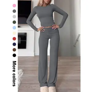 Women's Solid Long Sleeve Top & Flare Leg Pants Two-piece Set, Casual Fashion Cozy Round Neck Top & Bell Bottom Trousers for Daily Outdoor Wear, Women's Clothing for Fall & Winter
