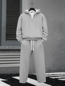 Men's Plain Drop Shoulder Sweatsuit Set, Casual Half Zip Hoodie & Drawstring Sweatpants with Pocket, Men's Clothing