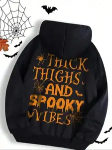 THICK THIGHS AND SPOOKY VIBES Unisex Halloween Print Hoodie, Tshirt, Sweater, Stylish Soft Regular Fit Casual Pocket Long Sleeve Hooded Essentials Sweatshirt for Going Out, Men's Top for Daily Menswear Streetwear Full Color