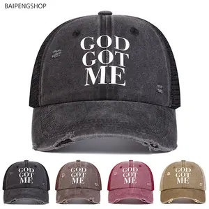 Distressed Washed Trucker Cap, Unisex "GOD GOT ME" Embroidered Cotton Mesh Hat, Adjustable and Breathable for Daily Outdoor Sports