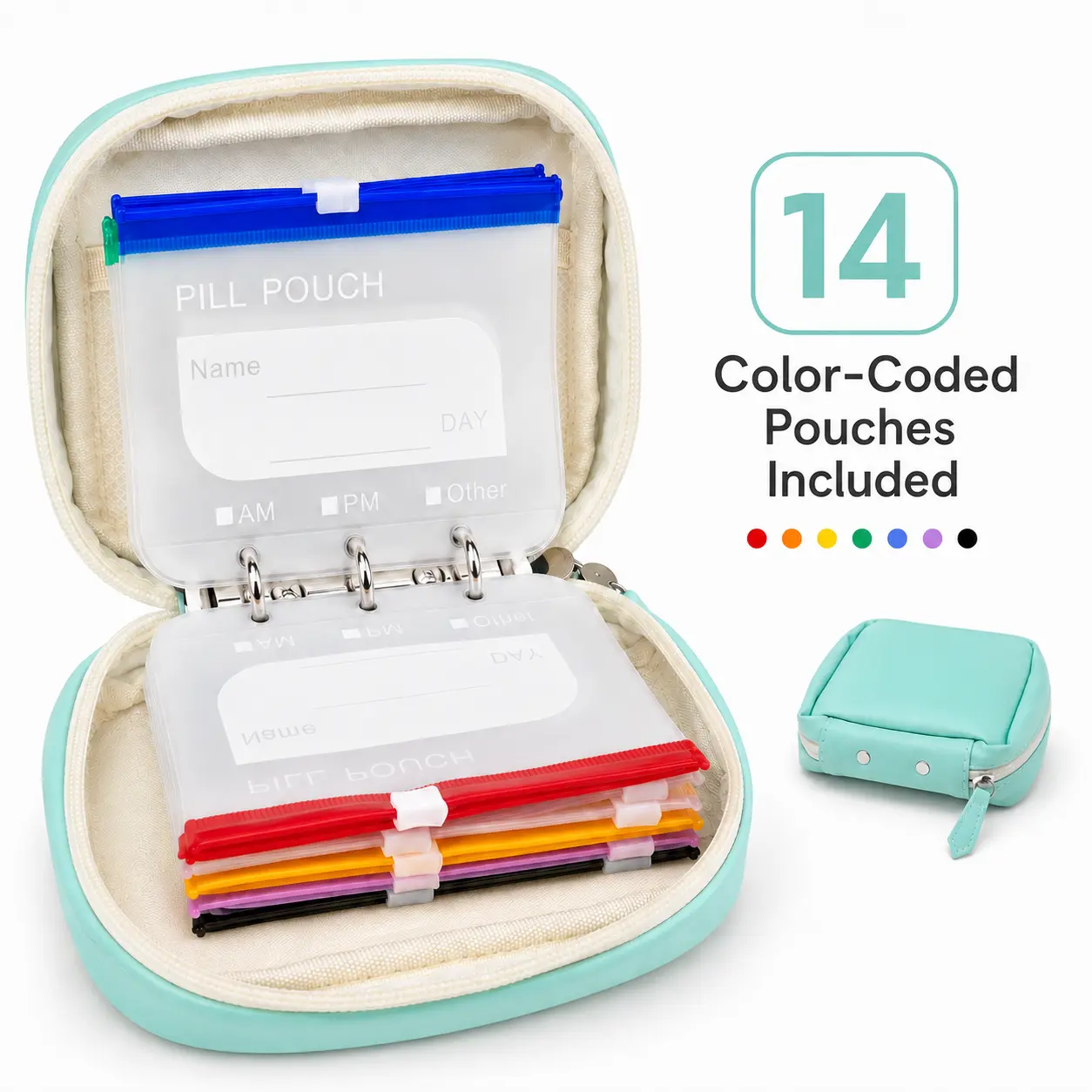 A8 Waterproof Travel Pill Pouch Set - Large Weekly Pill Organizer with 14 Color-Coded Reusable Zippered Pouches, Travel-Friendly Storage for Fish Oils, Vitamins