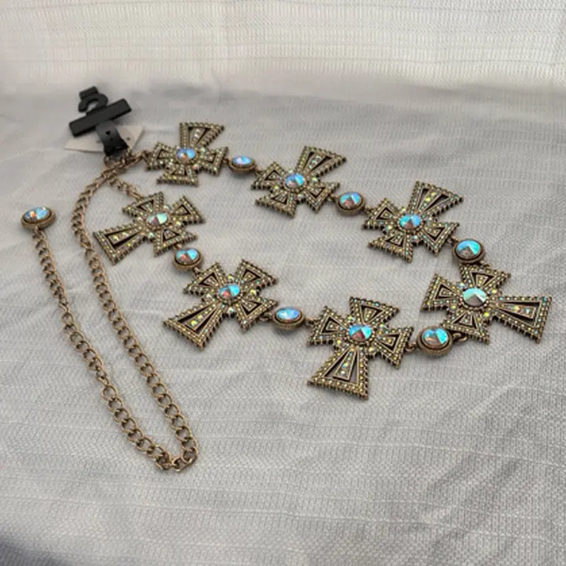 Gold Rhinestone Cross Shape Adjustable Necklace Small to Large Size Elegant Jewelry