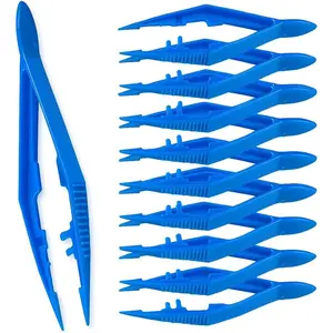 Disposable Plastic Forceps Tweezers Blue (10 Pack) – Serrated Tip Pickup Tweezers with Finger Ridges & Narrow Points for First Aid, Medical, Lab, Crafts & School Science