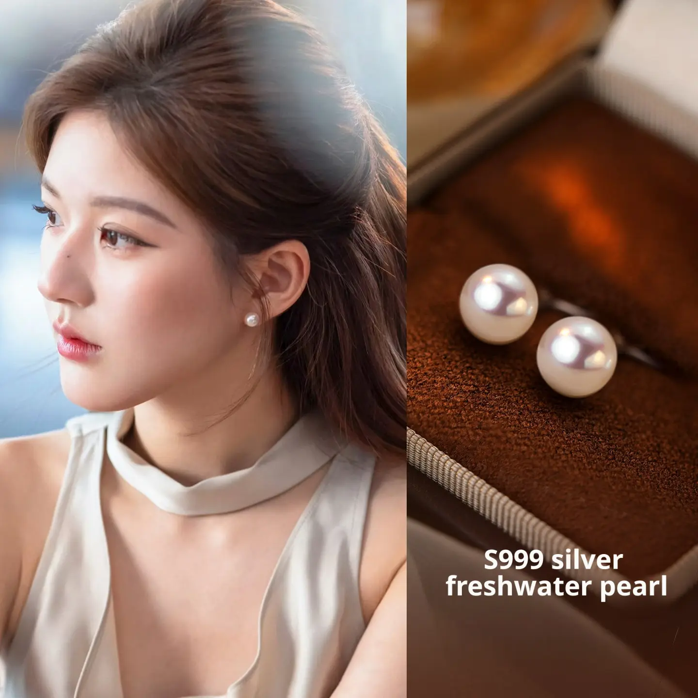 Women's 925 Sterling Silver 8mm Natural Freshwater Pearl Stud Earrings, Hypoallergenic Vintage French Style Handmade Elegant Jewelry Gift