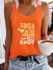 Women's Letter & Lemon Print Round Neck Tank Top, Sleeveless Tank Tops, Casual Sleeveless Top for Daily Wear, Ladies Clothes for All Seasons, Socks