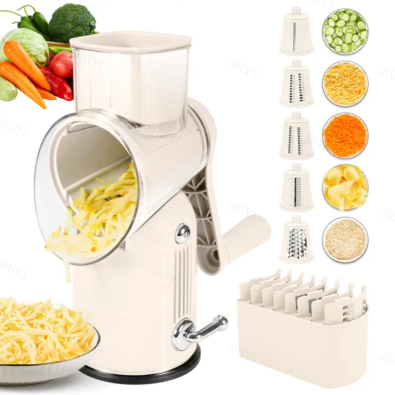 5-in-1 Large Stainless Steel Rustproof Rotary Grater with Handle - Manual Cheese Shredder, Cheese Slicer, Smooth Hand Crank Control, Strong Suction Base, Blade Storage Box, Peeler, Large Feed Port, High Capacity Green Kitchen Gadget for Peanuts, Almonds,
