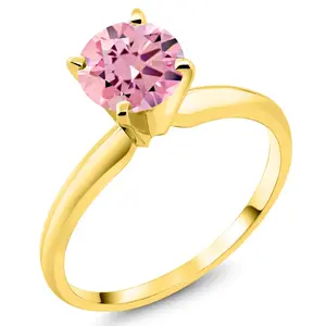 Gem Stone King 14K Yellow Gold Pink Zirconia Solitaire Engagement 4-Prong Ring For Women | 1.50 Cttw | Round 6MM | Gemstone Birthstone