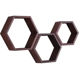 Hexagon Floating Shelves, Shelf Set of 3, Farmhouse Hexagonal Decor Wall Storage for Living Room Bedroom Kitchen Office(Walnut)