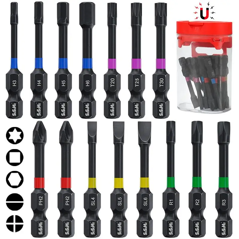 Magnetic Anti Slip Screwdriver Bit Set, Magnetic Screwdriver Bit Set, Hex, Phillips, Torx, Slotted, Square, Phillips & Slotted Bit for Impact Drivers
