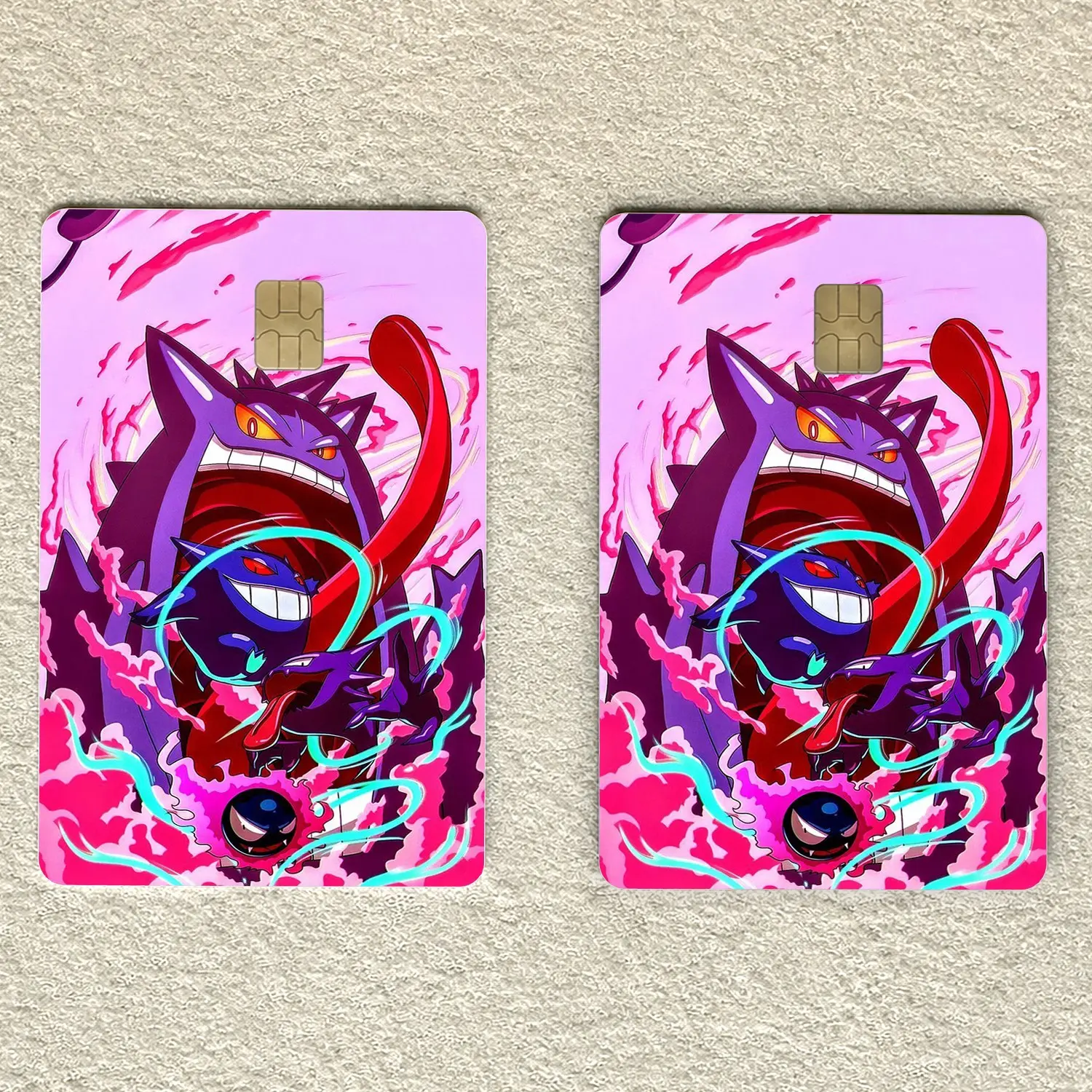 Gengar Evolution Card Skin, Purple Ghost Monster Anime Credit Debit Card Sticker, Pink Neon Gaming Card Cover, Cute Spooky Wallet Accessory