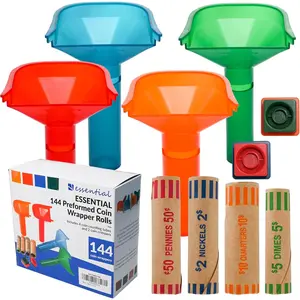 144 Pcs Assorted Preformed Coin Wrapper Rolls with Color Coded Coin Counter Tubes and Coin Wrapper Crimping Tool