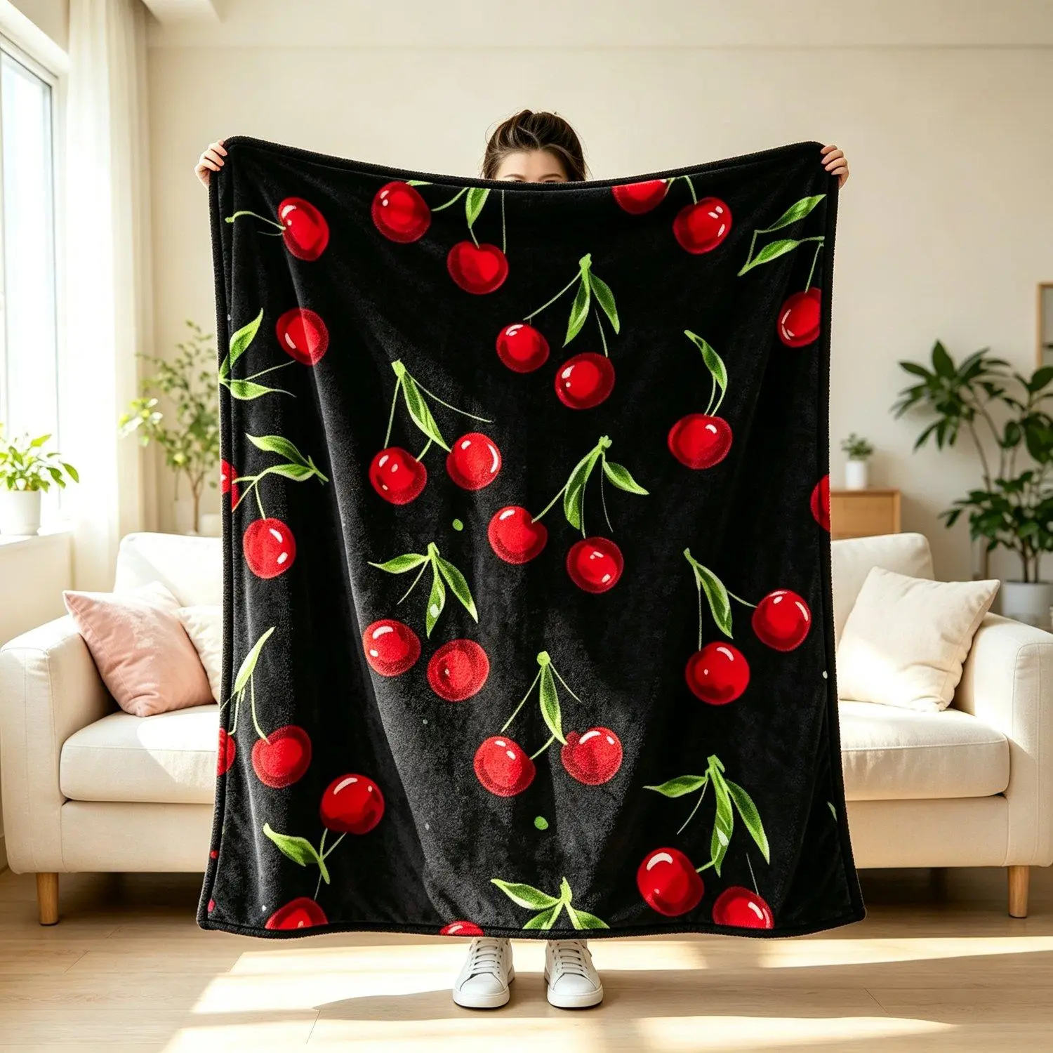 Red Cherry Print Soft Flannel Blanket Cozy Throw Blanket for Sofa Bed Aesthetic Fruit Pattern Home Decor Blanket Perfect Gift for Girls Women