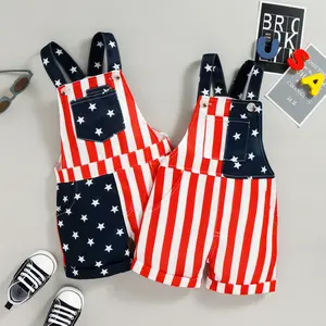 4th of July Unisex Baby Girl Boy Bib Overalls American Flag Romper Strap Jumpsuits Pocket Shorts Patriotic Outfit