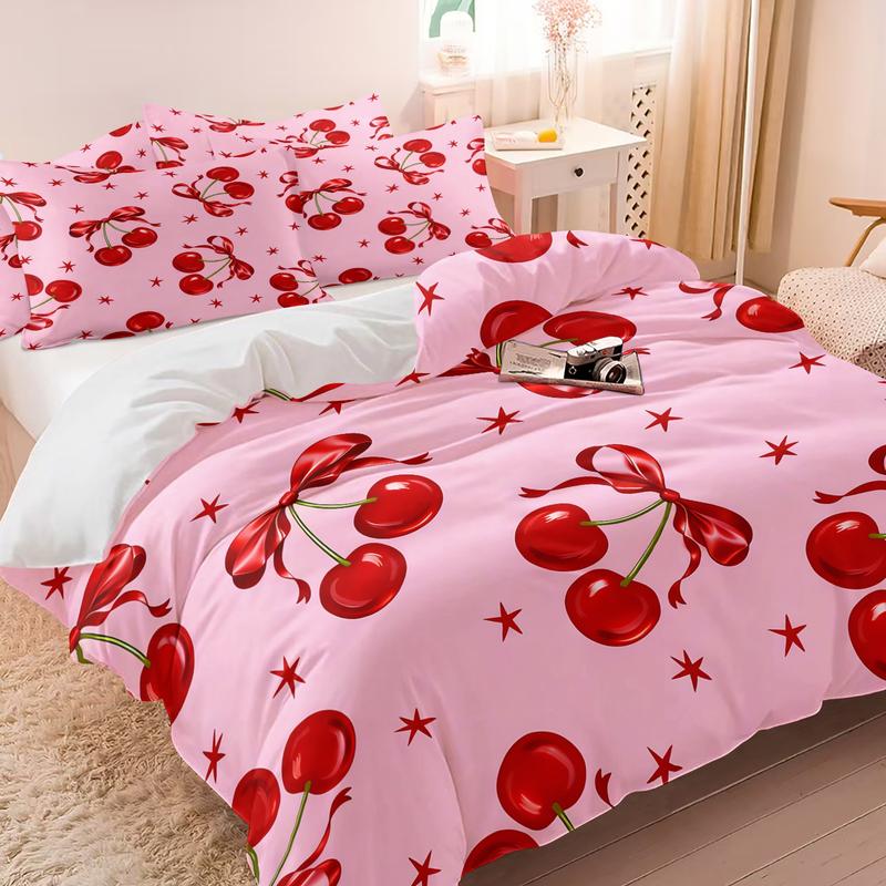 Pink cherry and bow print bedding set, cover and pillowcase combination, suitable for family bedrooms and hotels, Soft Bedding Set
