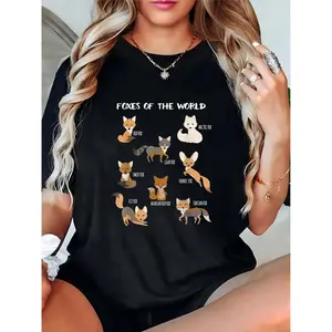 Women's Foxes of the World Graphic T - Shirt, Cartoon Various Foxes (Red, Arctic, Gray, Swift, Fennec, Kit, Arabian Red, Tibetan) Casual Daily Tee, Animal Lover Gift for Women & Girls 100% Cotton T-shirt