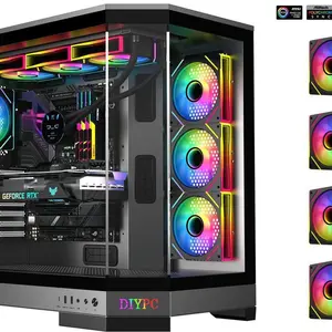 DIYPC  Vanguard-F1-BK -Black Dual USB3.0 and Type C Tempered Glass ATX Full Tower Gaming Computer Case w/ 4 x ARGB PWM Fans (3 x MB Side, 1 x Rear) Pre-Installed.
