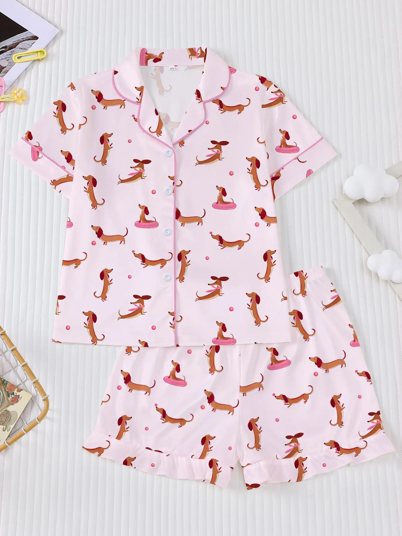 Adorable Dog Print Kids Pajama Set, Collared Short Sleeve Top & Ruffled Shorts, Casual Home Wear for Girls, All Seasons, Summer Pajama Set, Cartoon Print Sleepwear