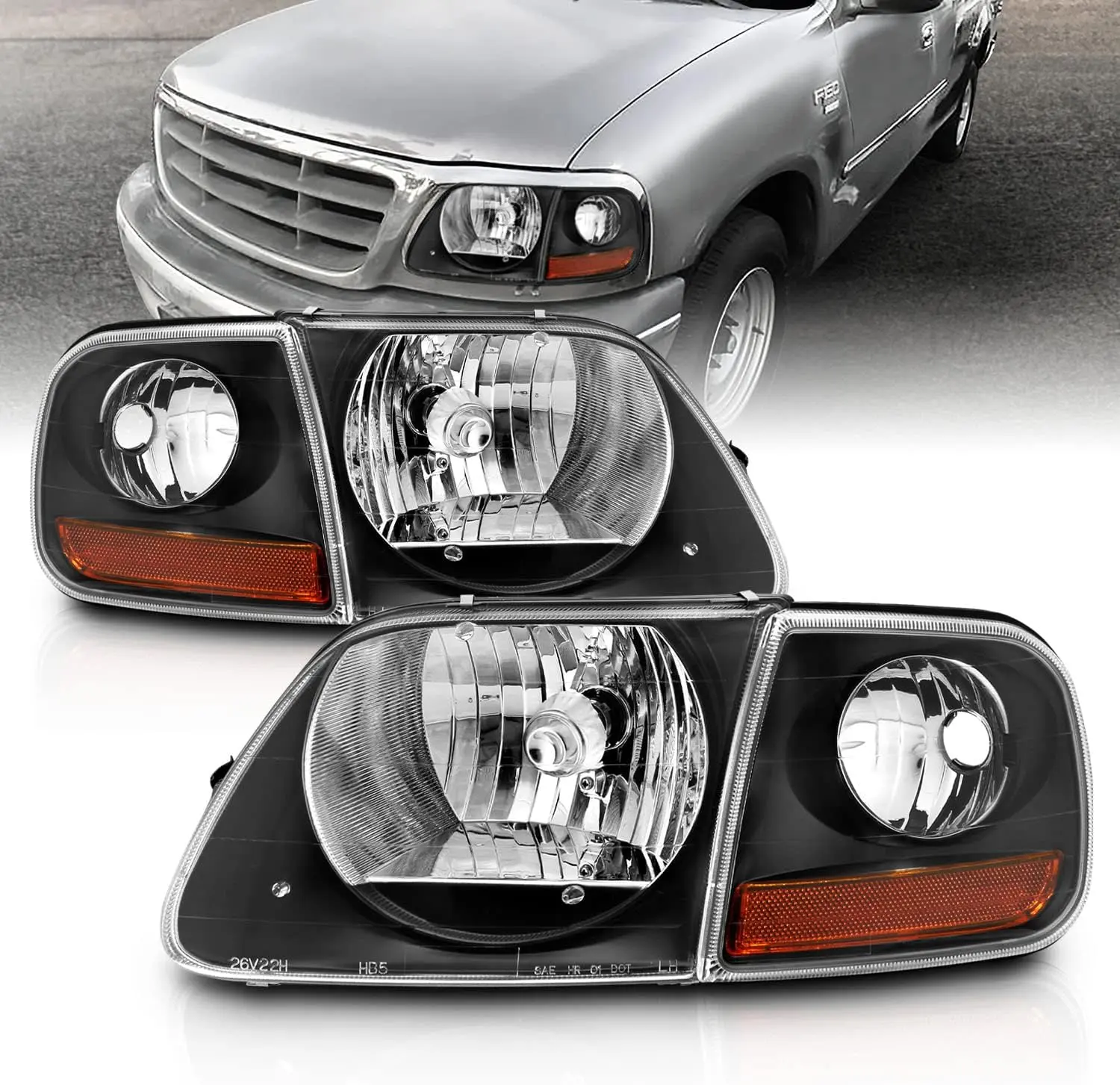 AmeriLite for 1997-2003 Ford F150 F-150 Harley Lightning 4pcs Halogen Headlights Corner Parking Lamp Assembly Set - Driver and Passenger Side