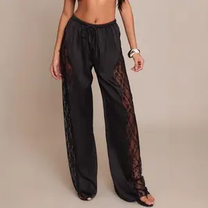 Fashion solid color sexy satin lace loose floor-length pants