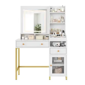Garvee Vanity Desk with Lighted Mirror, Adjustable Brightness, Power Outlet, 2 Drawers and Shelves - White and Gold Makeup Vanity Table, Dressing Table for Women and Girls