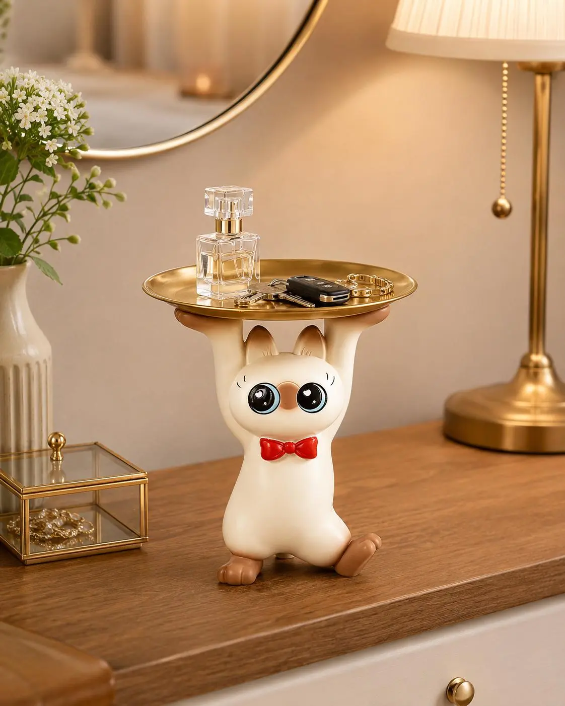Quirky Cat Key Tray with Gold Plate - Cute Resin Animal Organizer for Entryway Table. Hilarious Home Decor & Ideal Gift for Cat Lovers!