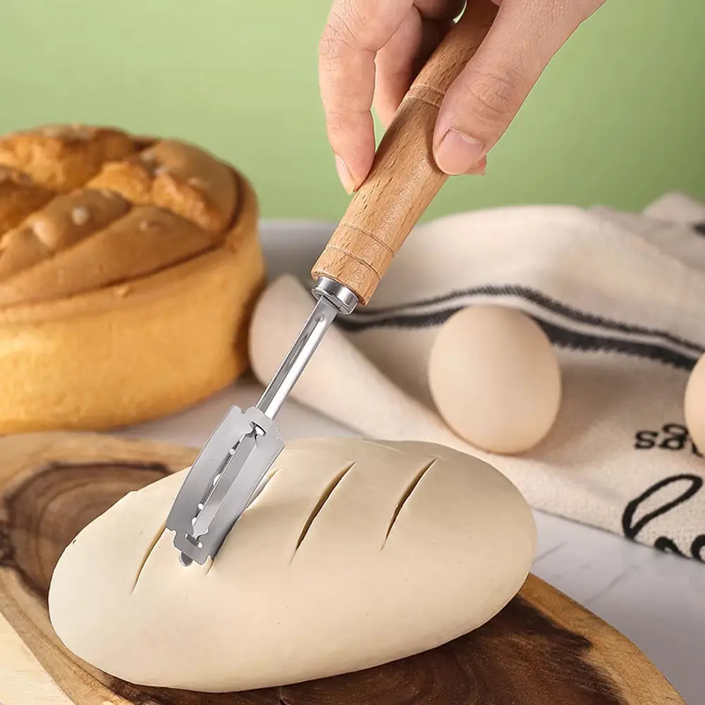 Wooden Handle Bread Cutter, French Bread Blades, Kitchen Gadgets, Long Handle Baking Accessory, European Style Curved Arch Toast Knife