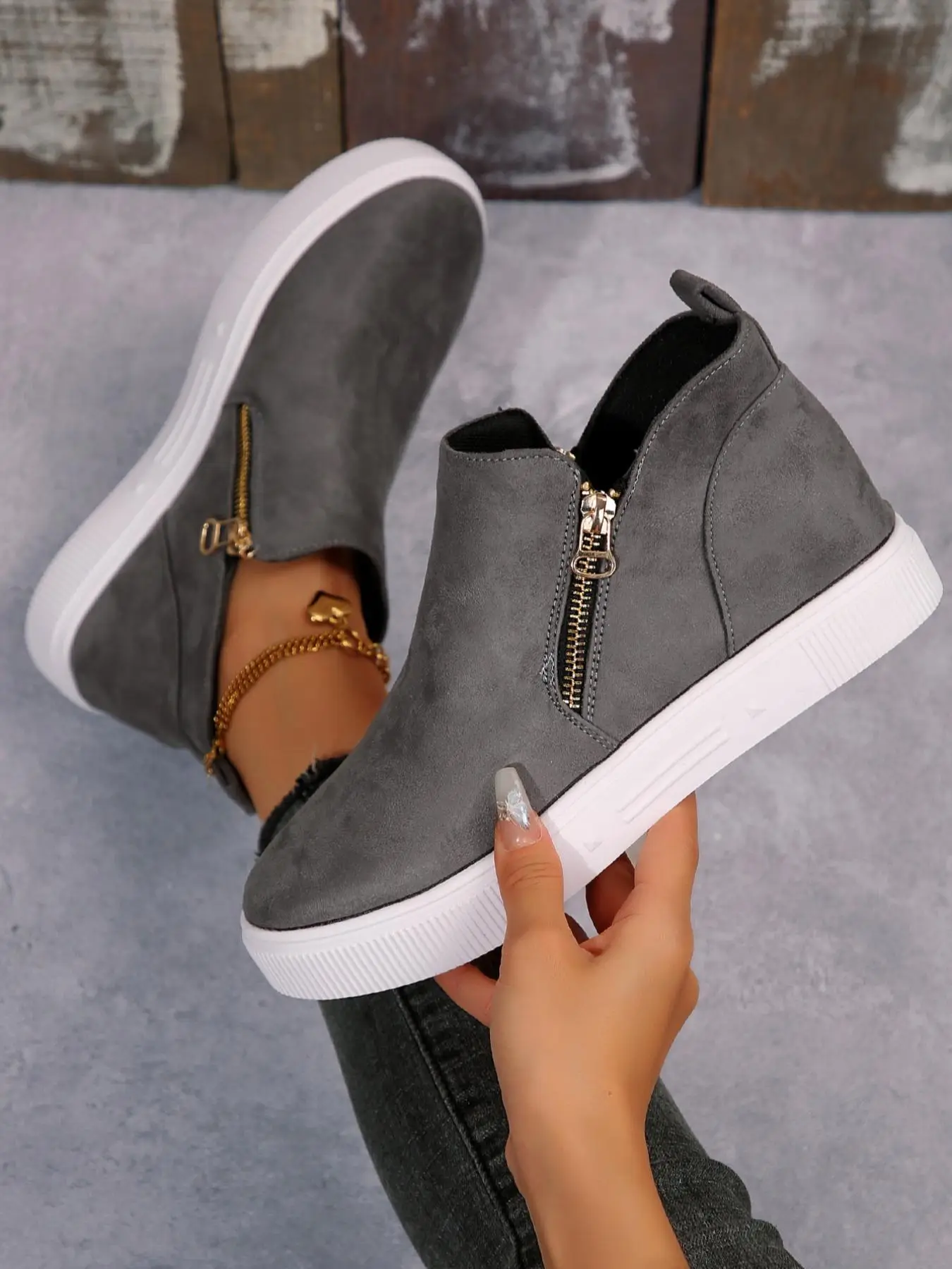 Women's Fashionable Solid Color Ankle Sneaker, Casual Comfortable Zipper Design Boots for Daily Wear, Female All-match Trendy Shoes for Fall & Winter