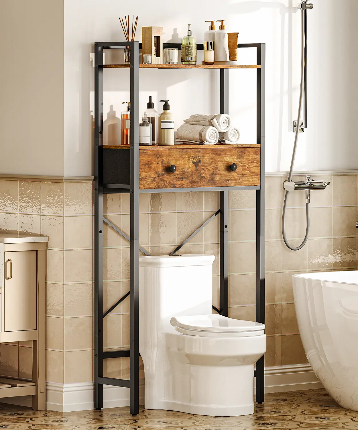 HOOBRO Over The Toilet Storage Rack with 2 Drawers, 3-Tier Bathroom Organizer Shelf Over Toilet, Freestanding Toilet Shelf, Storage Cabinet, Rustic Brown and Black #SummerVibes