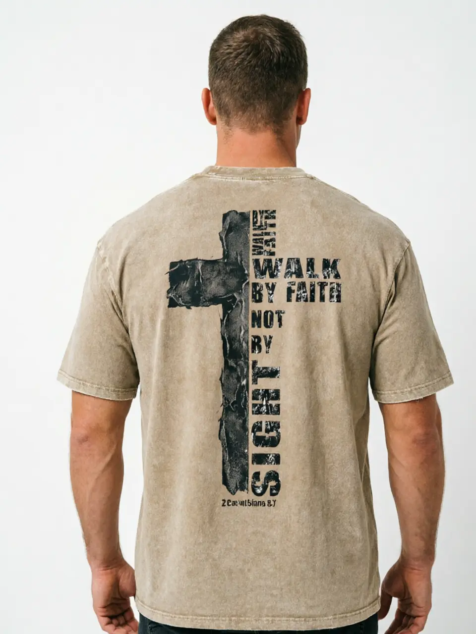 Men's 180G Combed Cotton Oversized Cross Faith T-Shirt, Christian Bible Verse "Walk By Faith Not By Sight" Streetwear Tee, Lightweight Breathable Summer Top, Machine Washable, S-5XL, Machine Wash