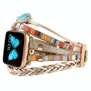 【Boho Stacking Trend】Multilayer Wrap Leather Metal Bracelet for Apple Watch Bands 38/40/41mm Wearable Adjustable Durable Multicolor replacement fashionable
