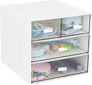 Desk Organizer with 4 Drawers, Clear Plastic Desk Storage Box, Desktop Organization for Office Supplies, Gel Pens, Pencils, Markers, Tape, Erasers, Paperclips, Chargers (White-4 Draws)