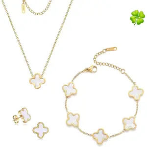 Lucky Clover Sets,18K Gold Plated Four Leaf Bracelet,Clover Necklace Pendant,Clover Earrings for Women Flower Link Bracelets Set Jewelry Gifts for Women