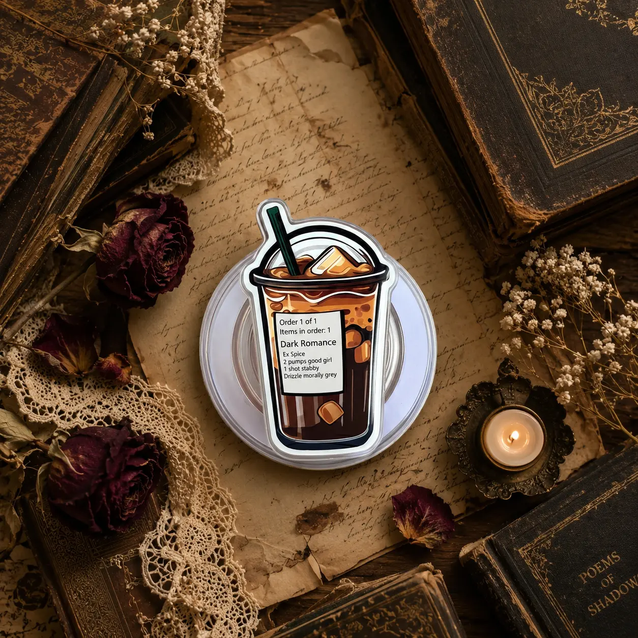 Dark Romance Iced Coffee Phone Grip, Extra Spice Bookish Coffee Cup Phone Stand, Funny Acrylic Holder for Ereader Kindle Tablet, Cute Reader Gift