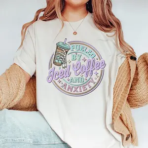 Fueled By Iced Coffee And Anxiety Shirt, Iced Coffee Mama T-shirt, Anxiety Mom Graphic Printed Tee, Viral Unisex Soft Fabric Short Sleeve Tee Shirt For Mom, Mother's Day Gifts, Women's Tops, Womenswear, Cotton Fabric Relaxed Fit Chic Style