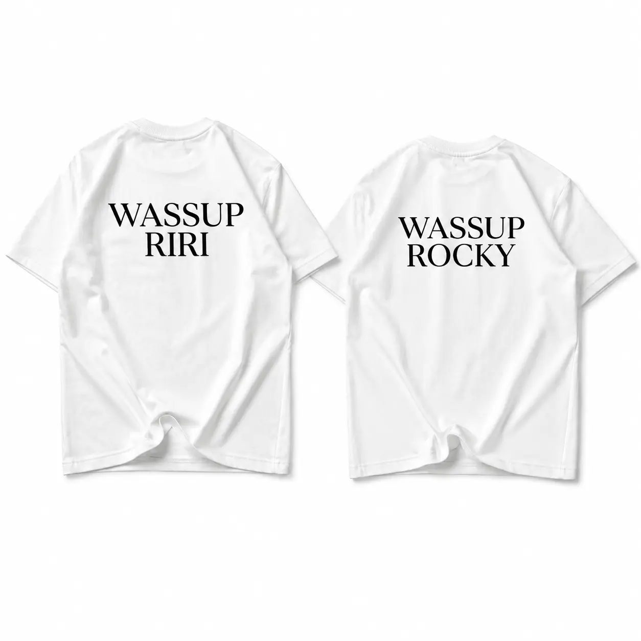 Wassup Riri & Wassup Rocky Matching T-Shirts, Funny Couple Graphic Tees, White Oversized Back Print Shirts, Minimalist Unisex Streetwear Tops