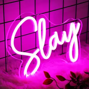 "Slay" Purple Pink LED Neon Sign, Aesthetic Word Neon Light for Wall Decor, USB Powered Neon Lamp for Teen Girls Bedroom, Dorm, Party & Game Room, Cool Positive Vibe Gift for Friend