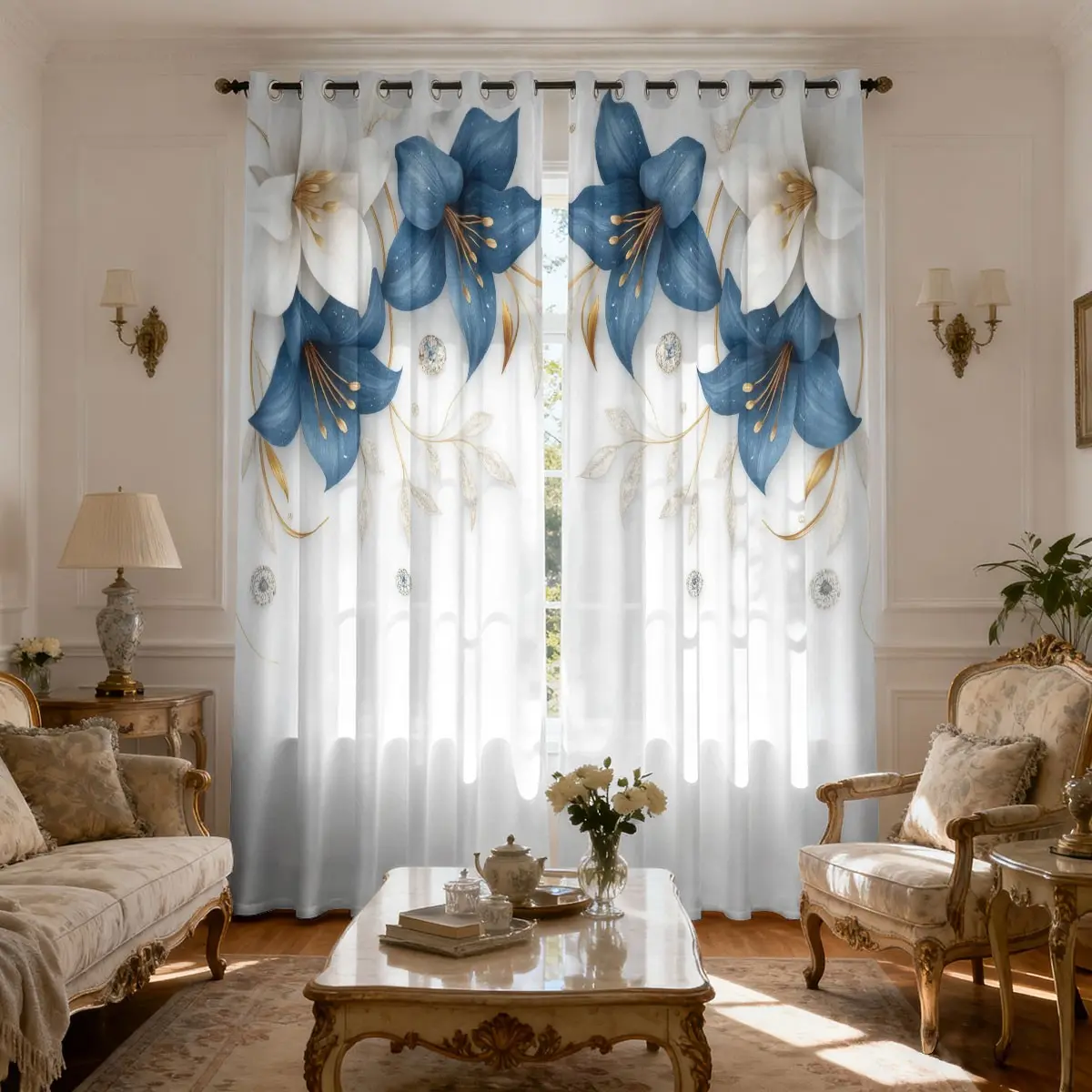 Romantic Lily Print Light Filtering Curtains, Home Decoration Curtain, Home Decorative Curtain, Window Curtain, Half-Transparent Sunshade for Living Room and Dining Room, Privacy Ensured, 2 Panels