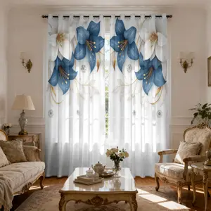 Romantic Lily Print Light Filtering Curtains, Home Decoration Curtain, Half-Transparent Sunshade for Living Room and Dining Room, Privacy Ensured, 2 Panels